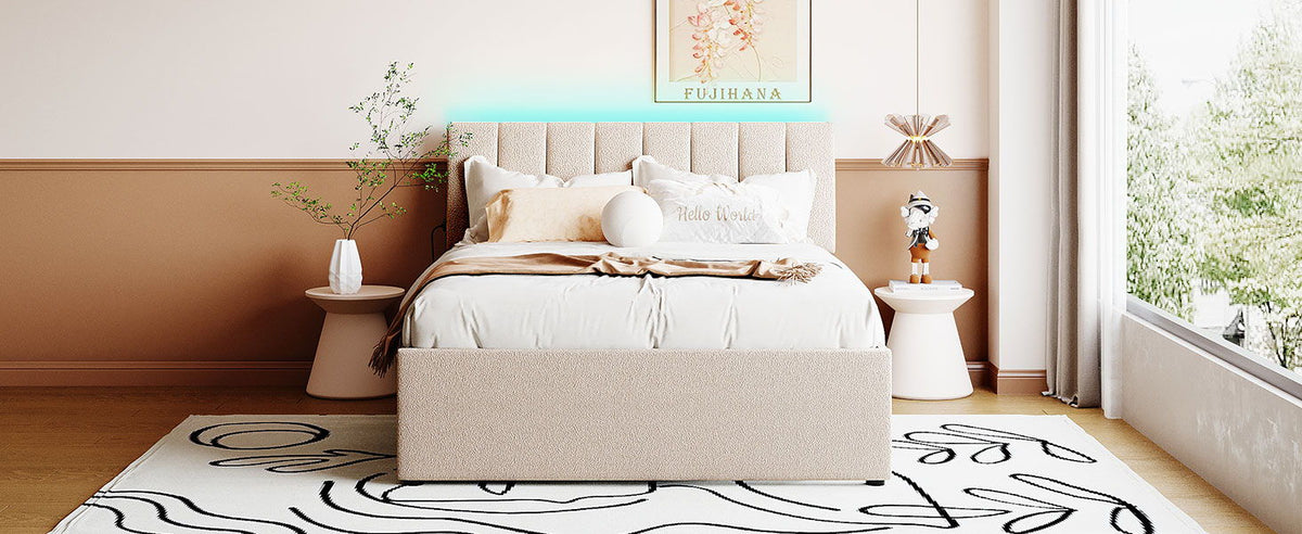 Upholstered Platform Bed With Trundle and LED Lights - Full or Queen