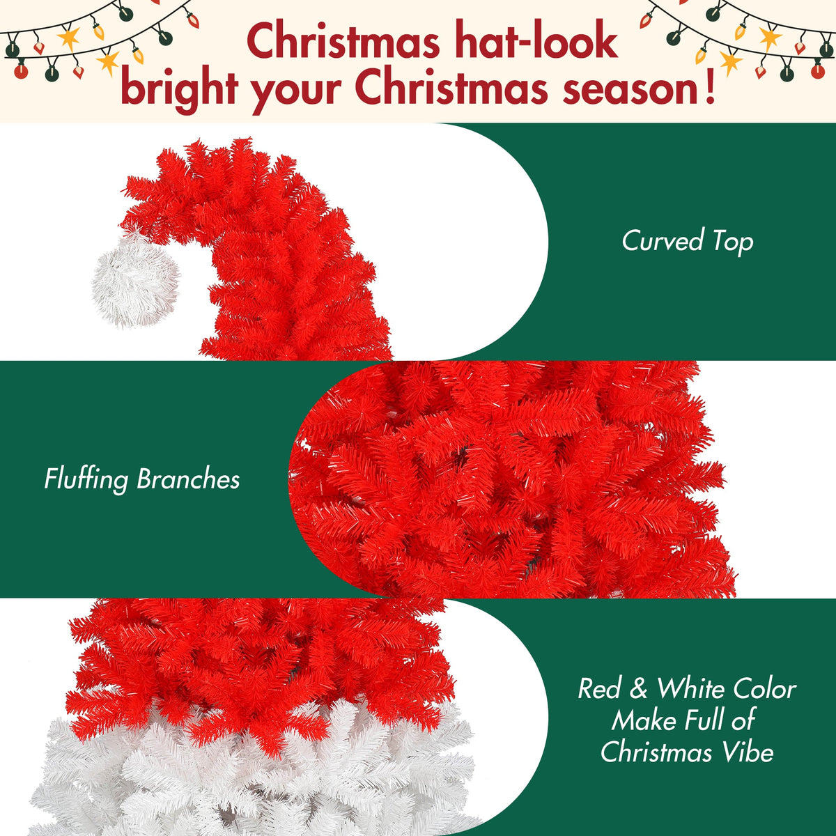 6FT Artificial Christmas Tree with LED Light - Santa's Hat Shape