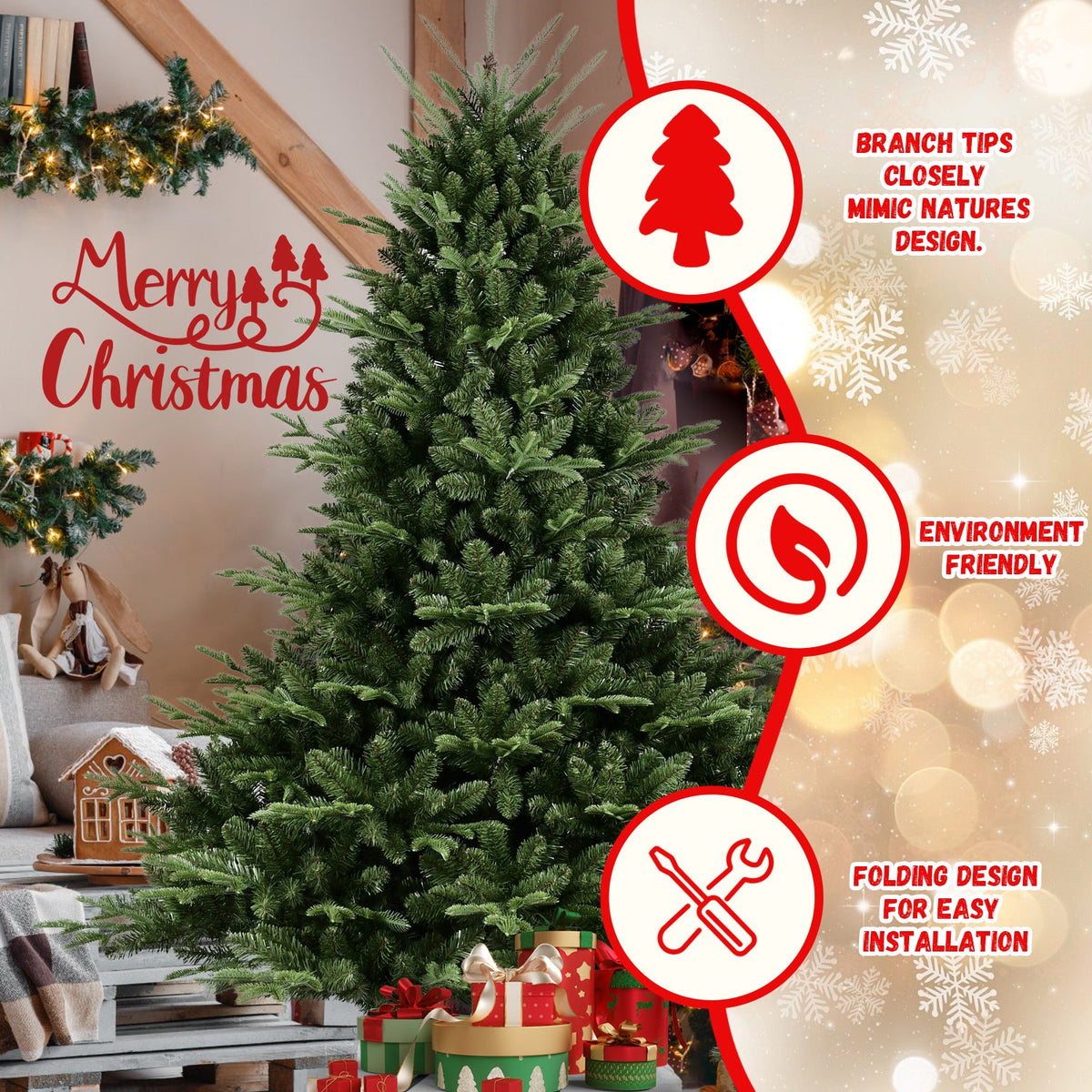 Full-Shaped 7FT Christmas Tree with 2257 Tips and Hinged Structure
