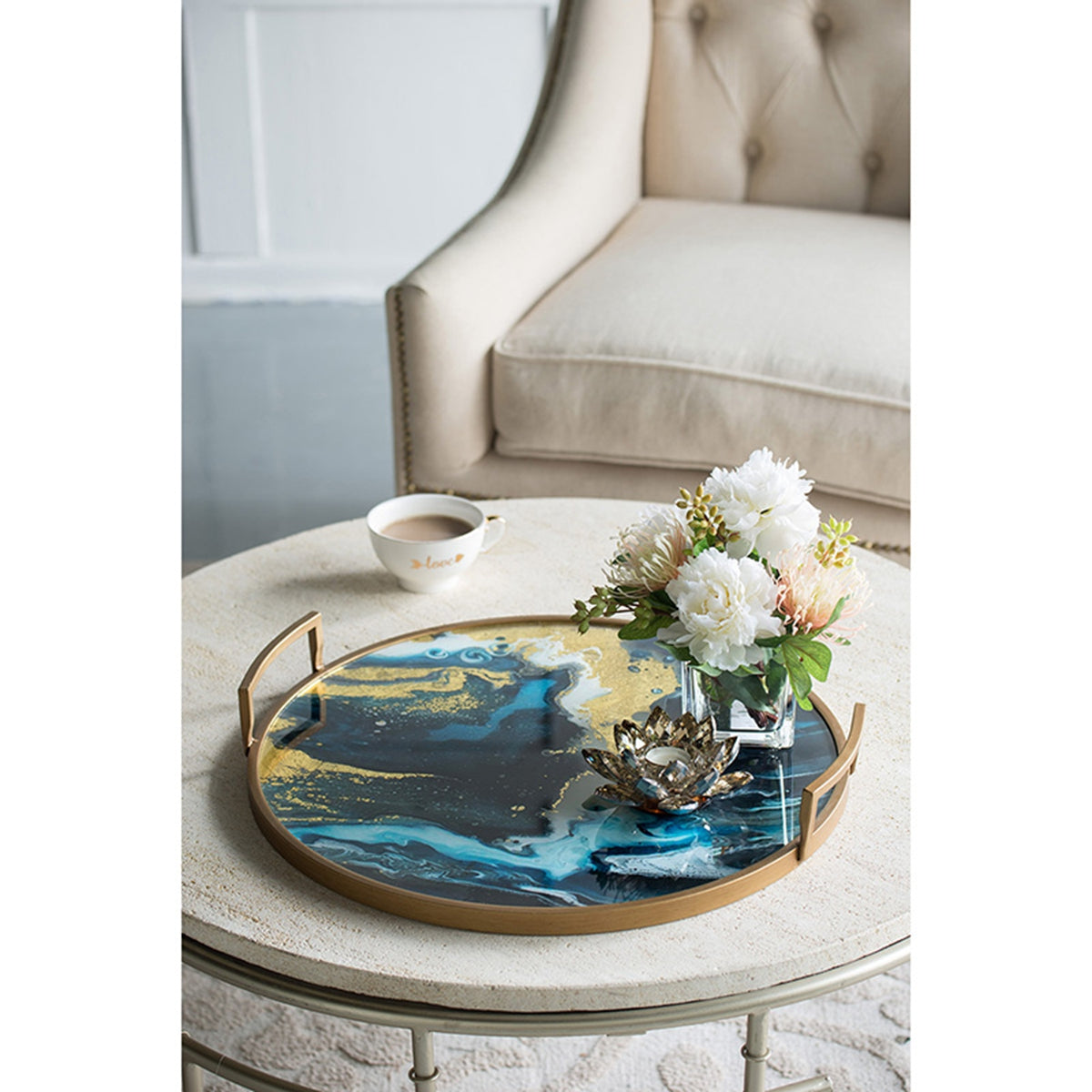Round Accent Mirrored Tray with Handles - Blue & Gold