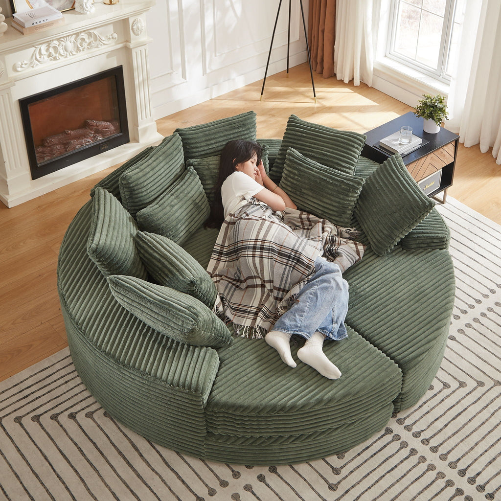 Round Oversized Sofa Bed with 5 Throw Pillows - Corduroy