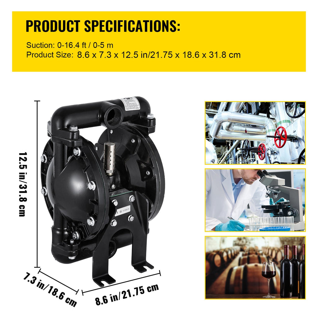 Air-Operated Double Diaphragm Pump with 1 Inch Inlet/Outlet - Black Aluminum
