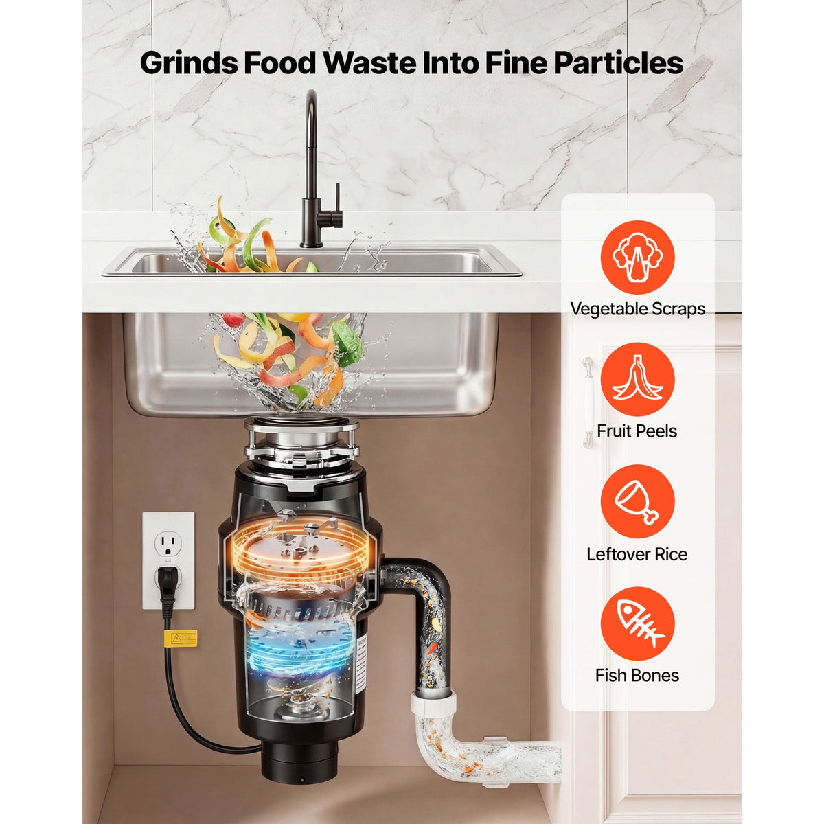 1HP Food Waste Garbage Disposal with Continuous Feed - Black
