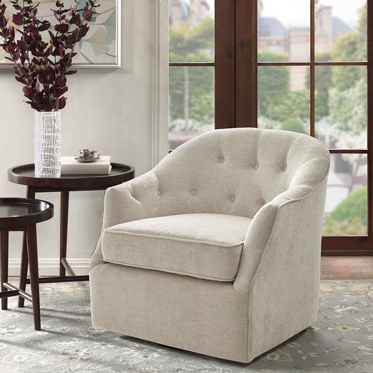 Beige Swivel Chair with 360 Degree Rotation - Solid Wood Frame