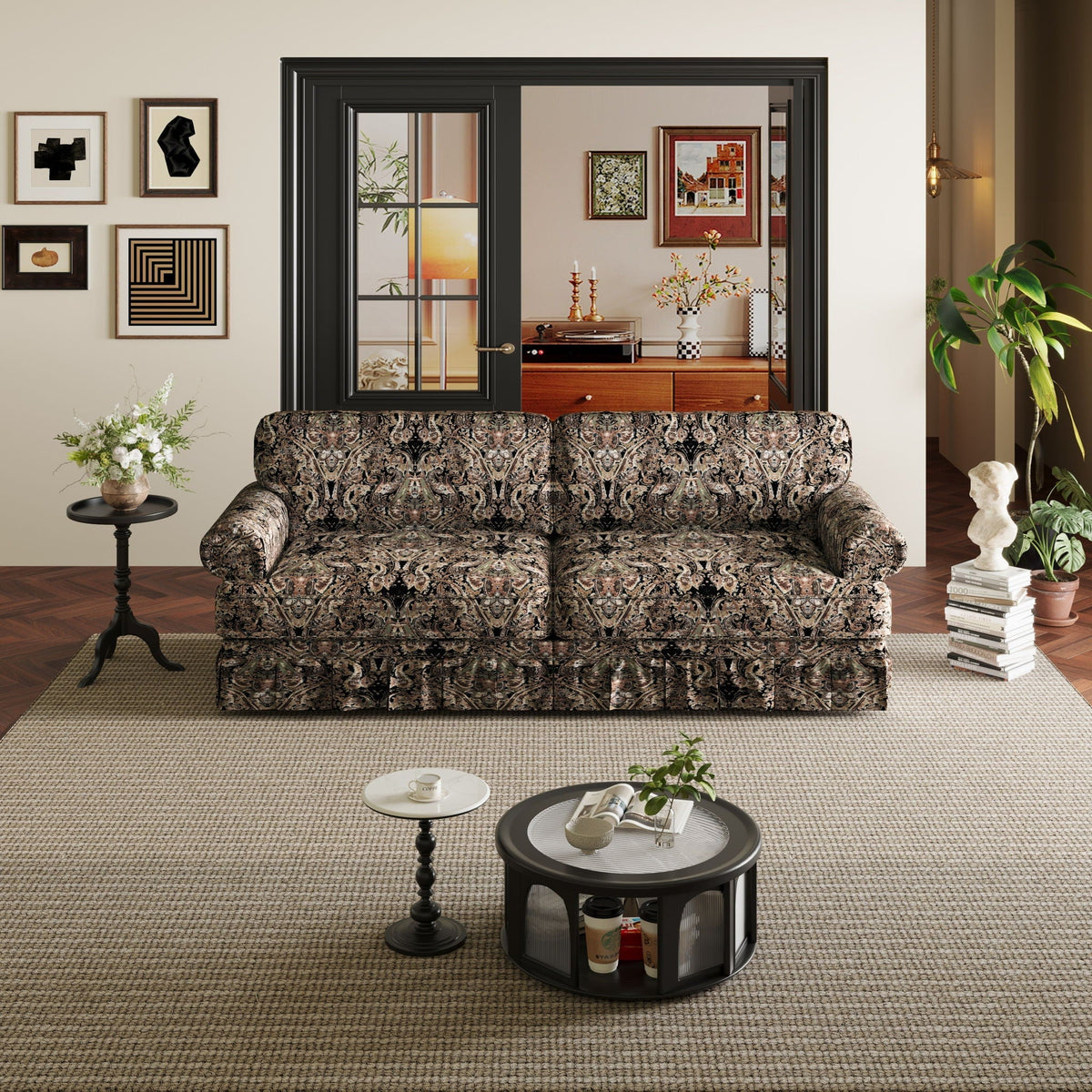 Cloud Couch Sofa with Rolled Arms and Pleated Skirt - Beige, Blue, or Light Brown