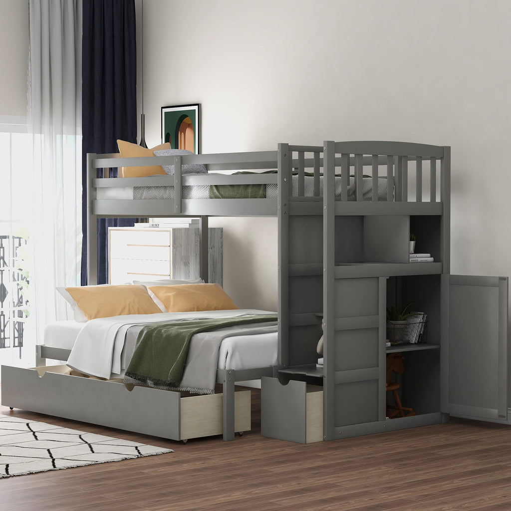 Convertible Twin Over Full Bunk Bed with Storage Shelves and Drawers - White or Dark Gray