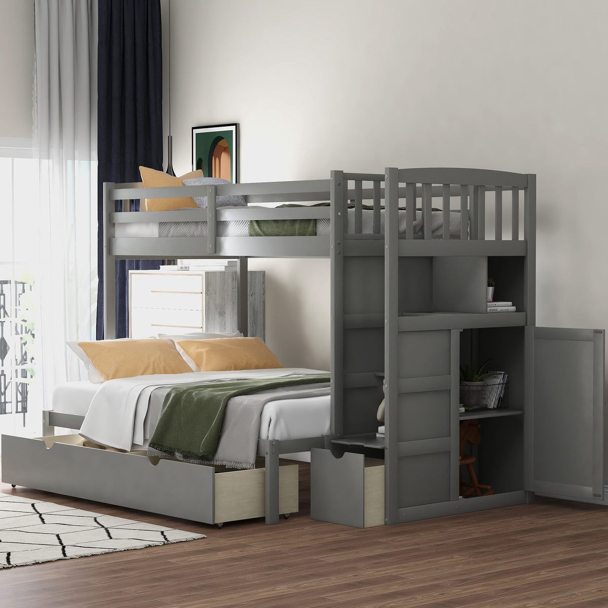 Convertible Twin Over Full Bunk Bed with Storage Shelves and Drawers - White or Dark Gray