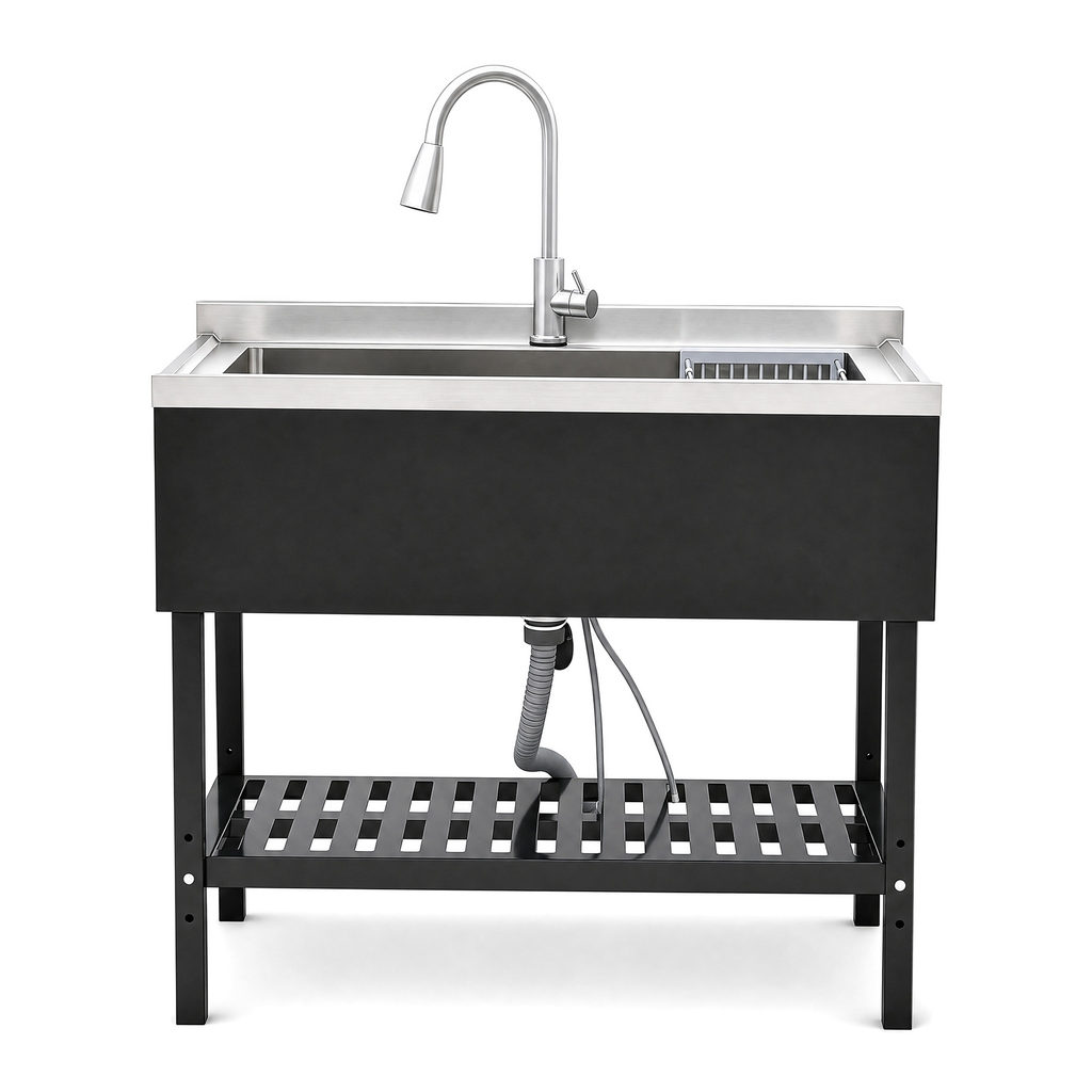 Stainless Steel Utility Sink with Pull-Out Faucet - Silver & Black