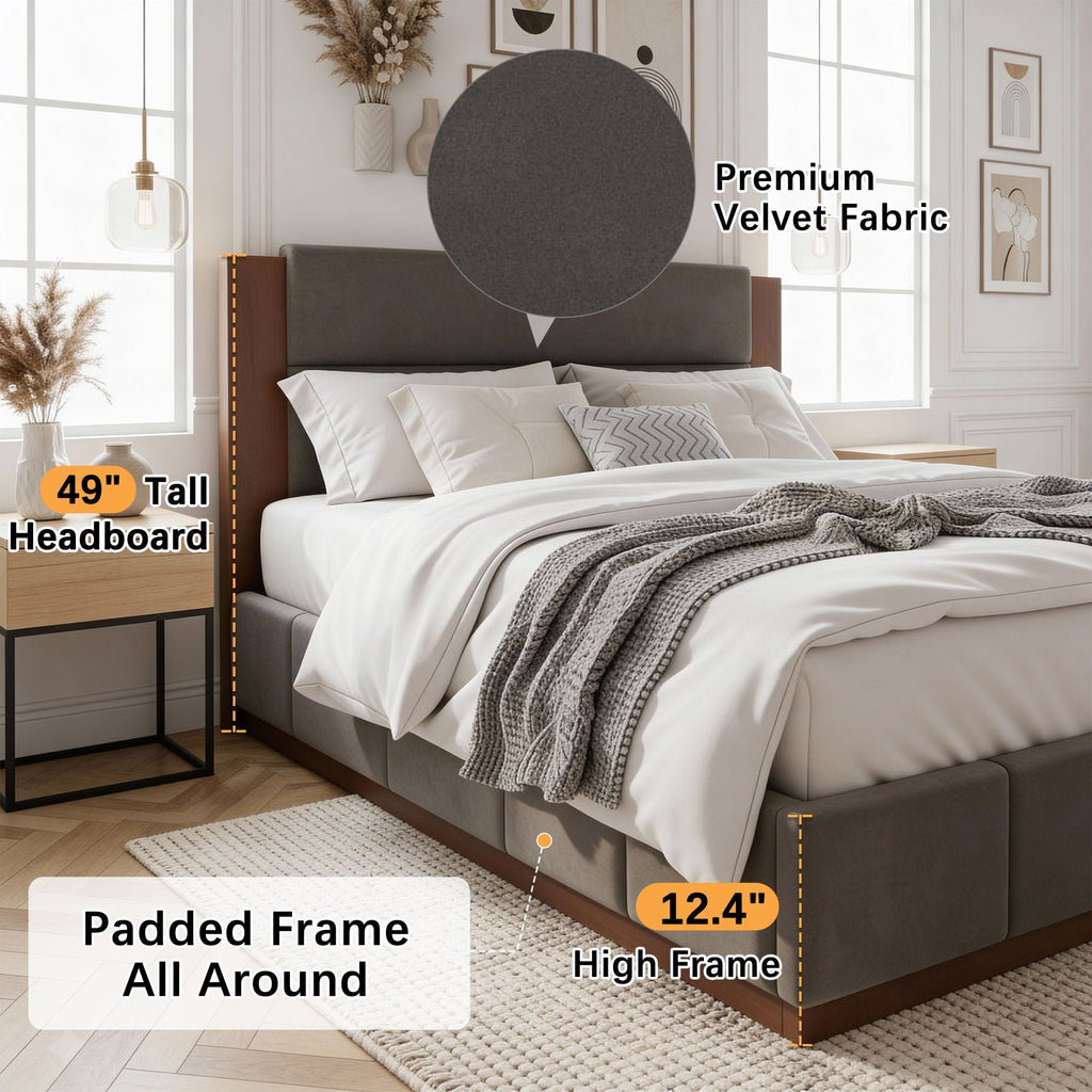 Modern Upholstered Platform Bed with Extended Headboard - Queen or King