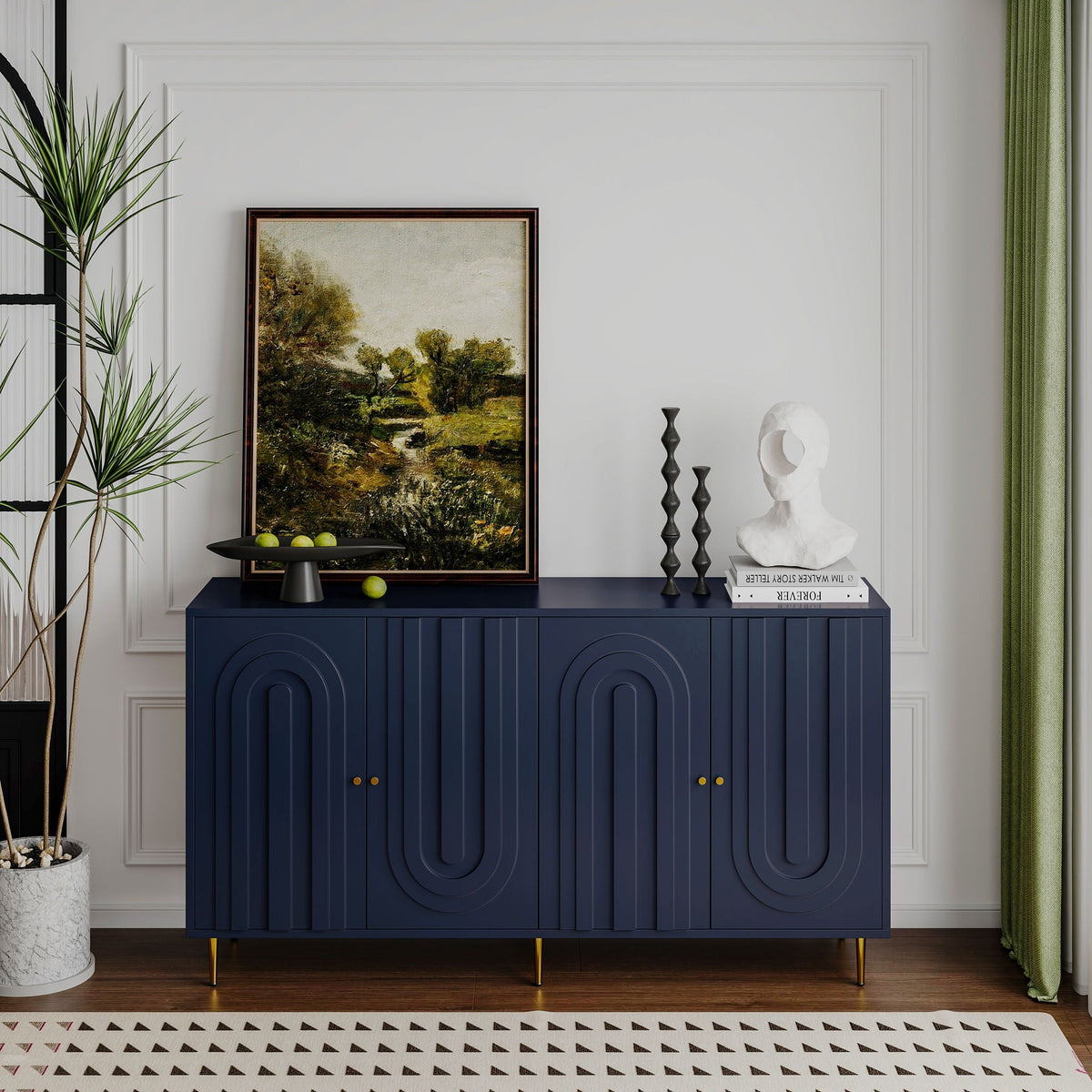 Modern Lacquered 4 Door Sideboard Buffet Server Cabinet with Adjustable Shelves - Gray or Blue