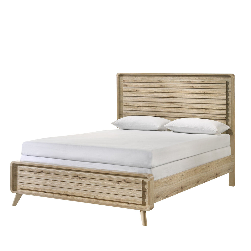 Light Brown Panel Bed with Slatted Headboard and Footboard - Wood