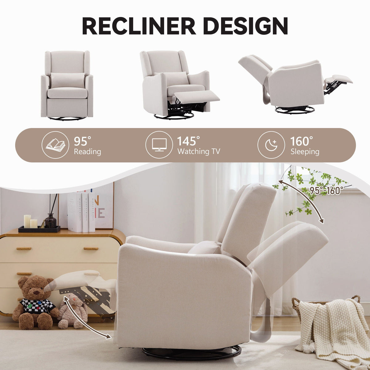 Wide Wingback Swivel Glider Rocker Recliner Chair with 360-Degree Swivel - Dark Green or Beige