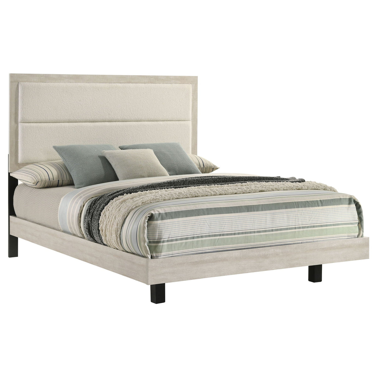 Queen Panel Bed with Upholstered Headboard - Rustic White Washed Finish