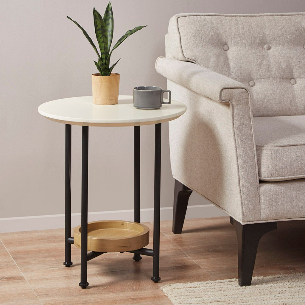 Oval End Table with Lower Shelf - White / Natural