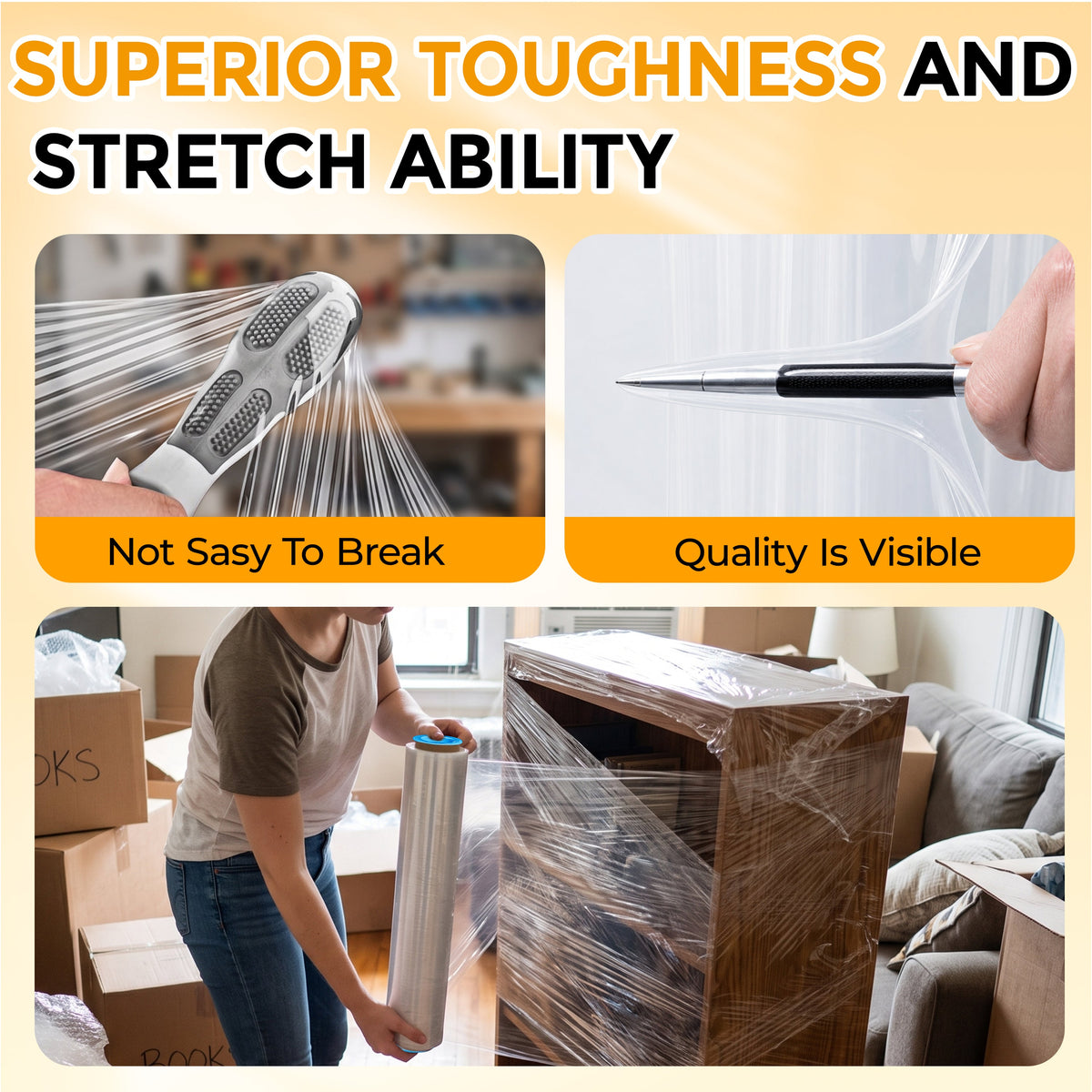 1000ft Industrial Strength Stretch Wrap Film Roll with Handles - Clear Plastic