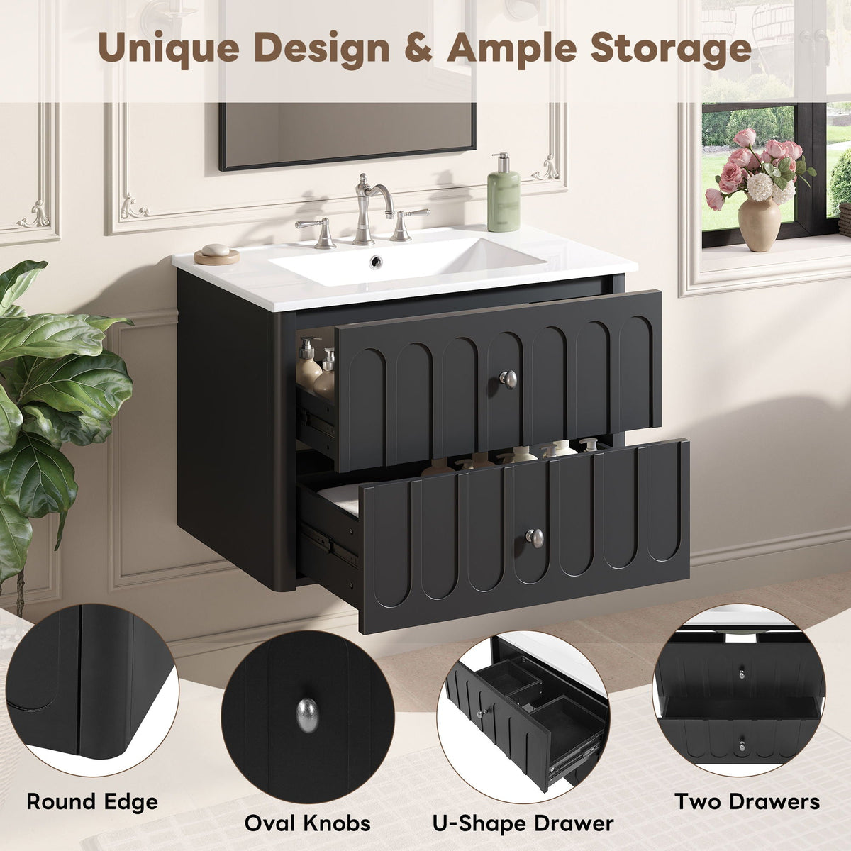 Floating Bathroom Vanity with Soft Close Drawer Slides – White or Black