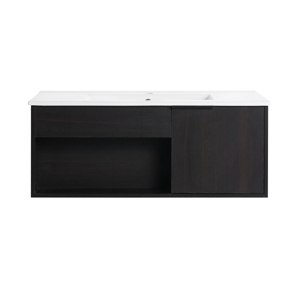 Wall Mounted Floating Bathroom Vanity with Open Shelf & Soft Close Door - Dark Brown