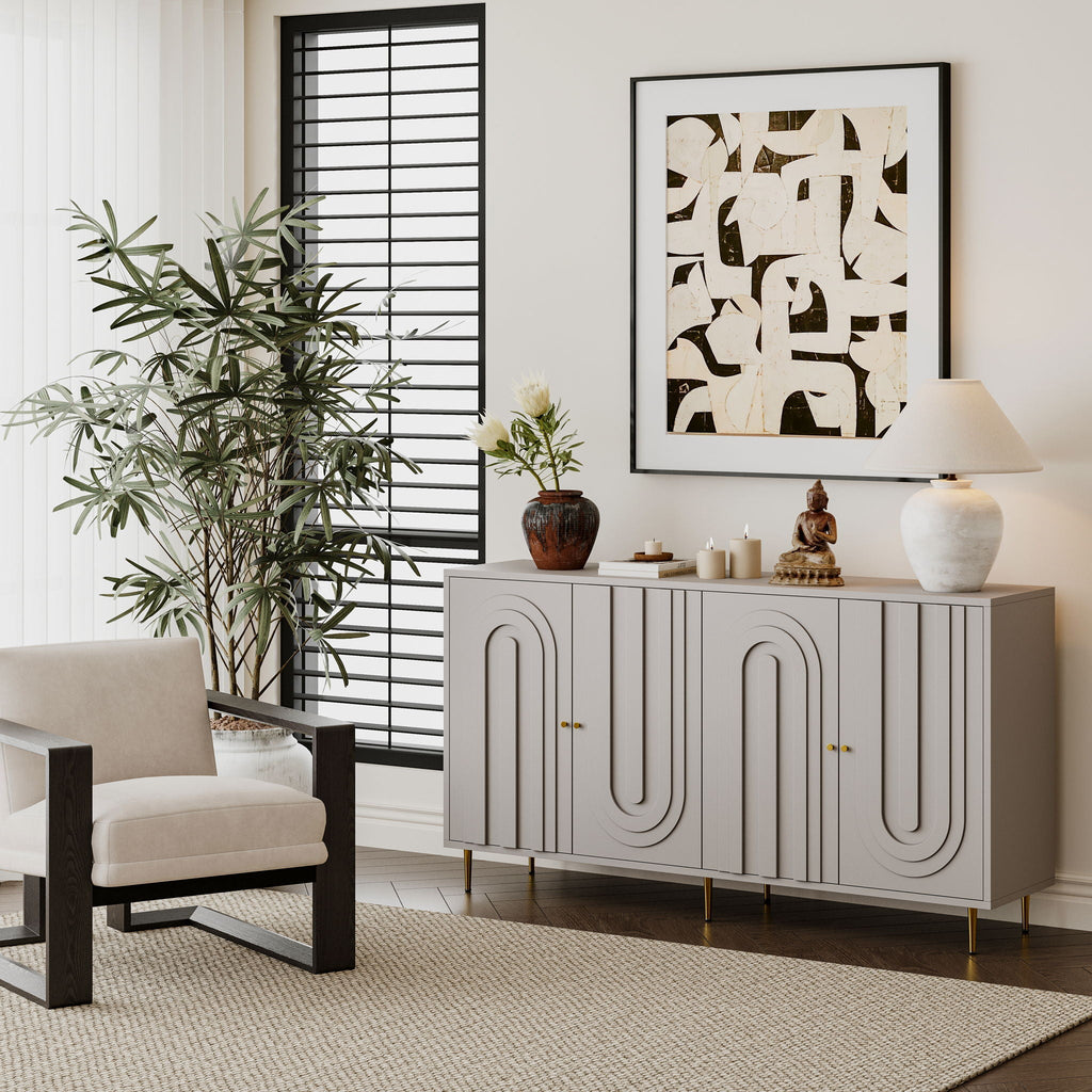 Modern Lacquered 4 Door Sideboard Buffet Server Cabinet with Adjustable Shelves - Gray or Blue