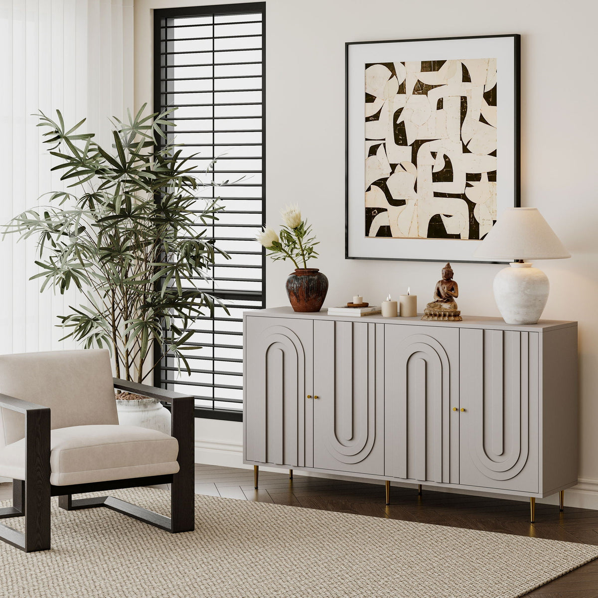 Modern Lacquered 4 Door Sideboard Buffet Server Cabinet with Adjustable Shelves - Gray or Blue