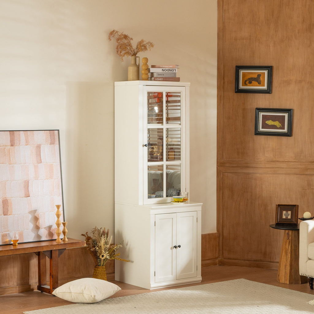 Retro Style Hutch Cabinet with Glass Door - White
