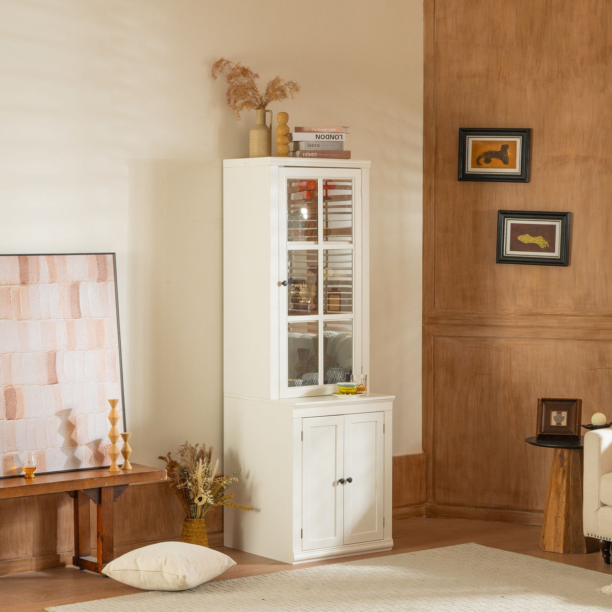 Retro Style Hutch Cabinet with Glass Door - White