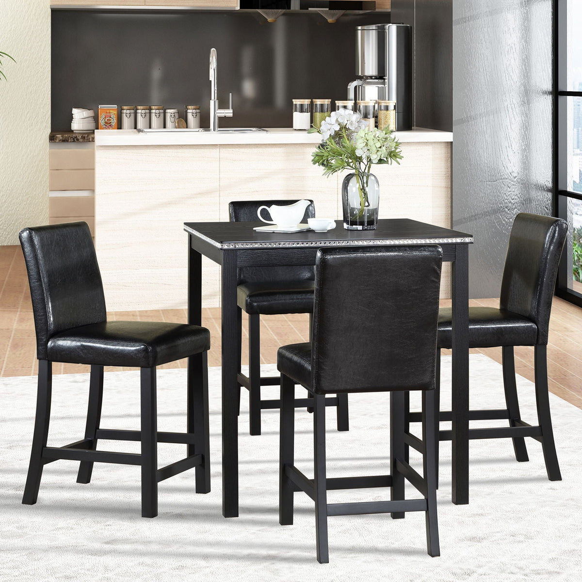 Counter Height 5 Piece Dining Set with Upholstered Chairs - Black or Pearl Silver