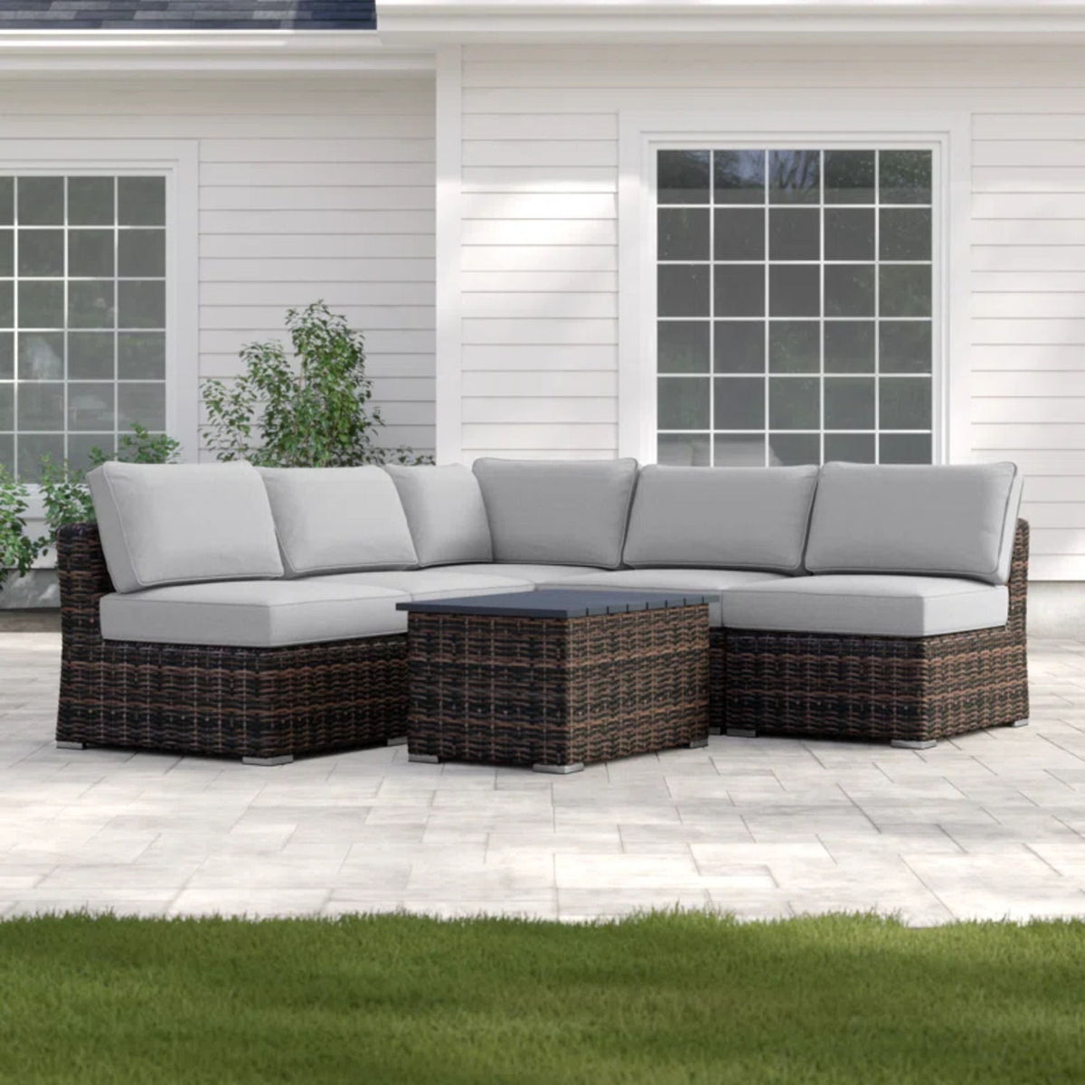 Wicker Sectional Sofa with Cushions and Table - Gray