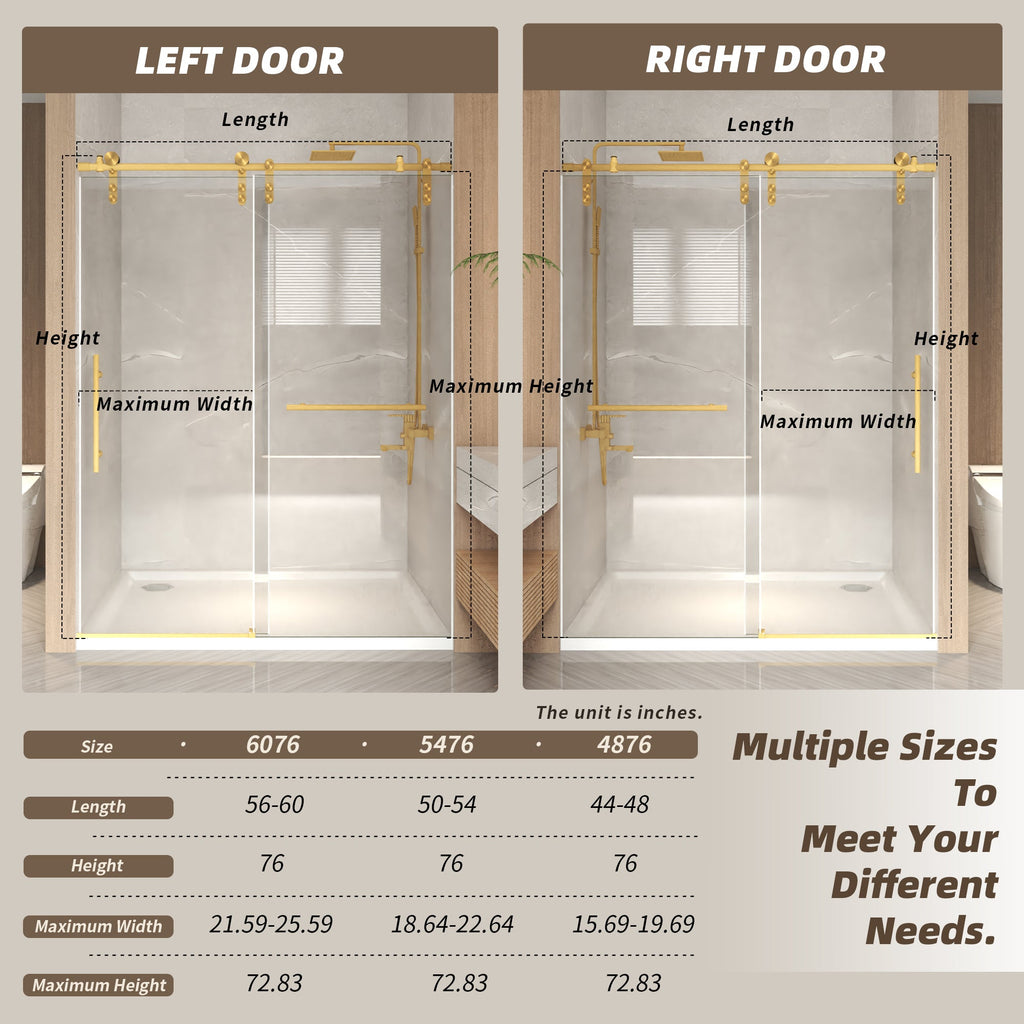 Frameless Sliding Shower Door with Clear Tempered Glass - Brushed Gold