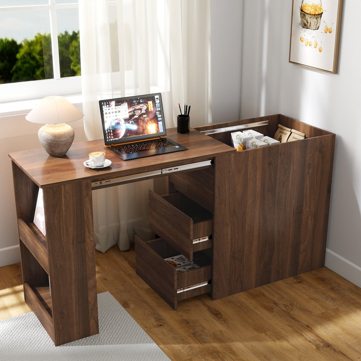 Computer Desk with Drawers, Modern Corner Home Office Storage