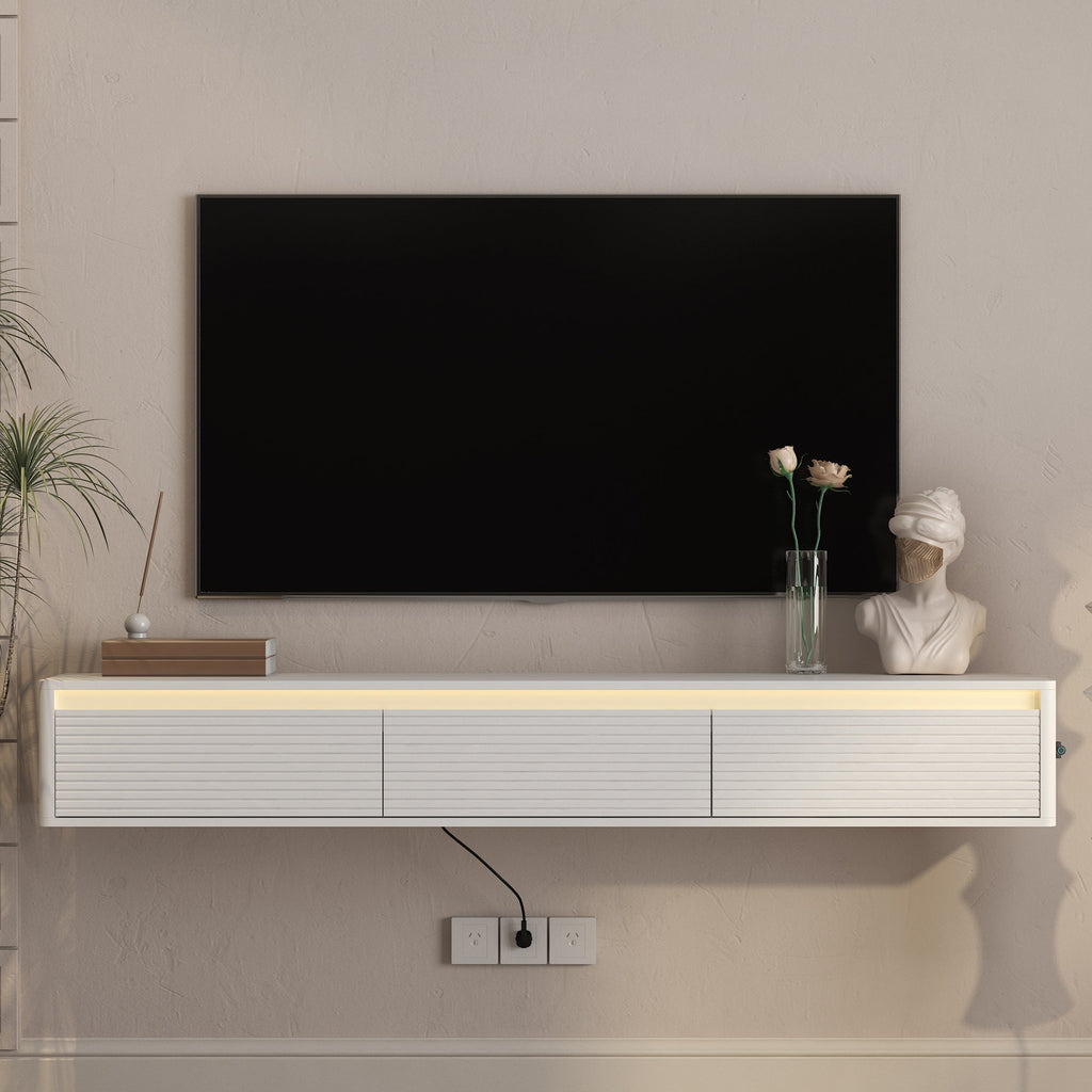 Floating TV Stand with LED Lights & Power Outlet - White or Black