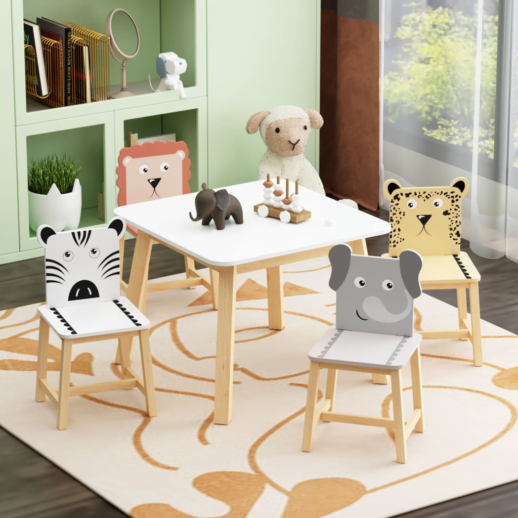 Kids Table and Chair Set with Cartoon Animals Design - White