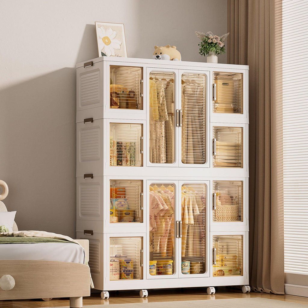 Portable Wardrobe Closet Storage Organizer with Magnetic Doors - White