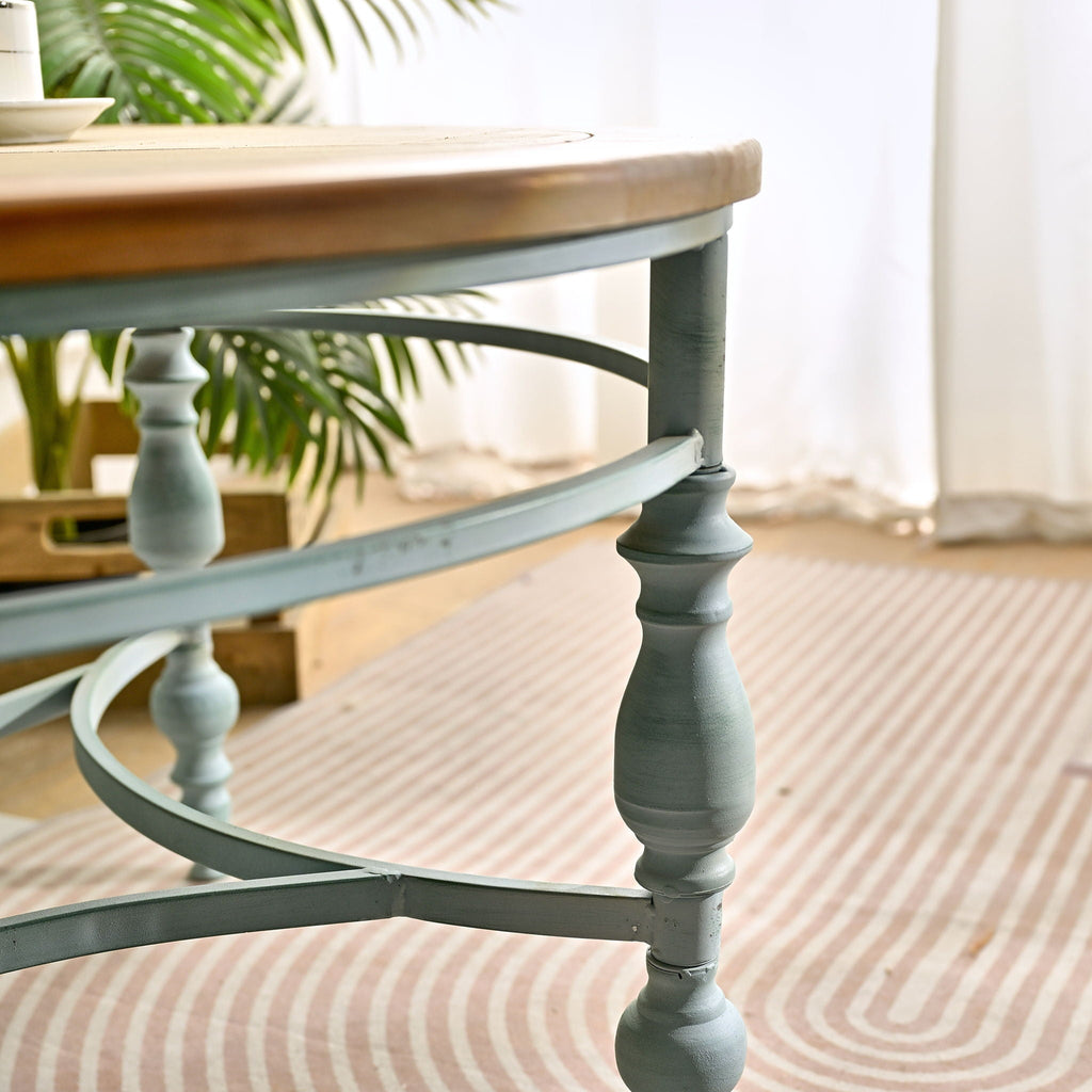 Round Top Carved Coffee Table with Metal Legs - Light Brown