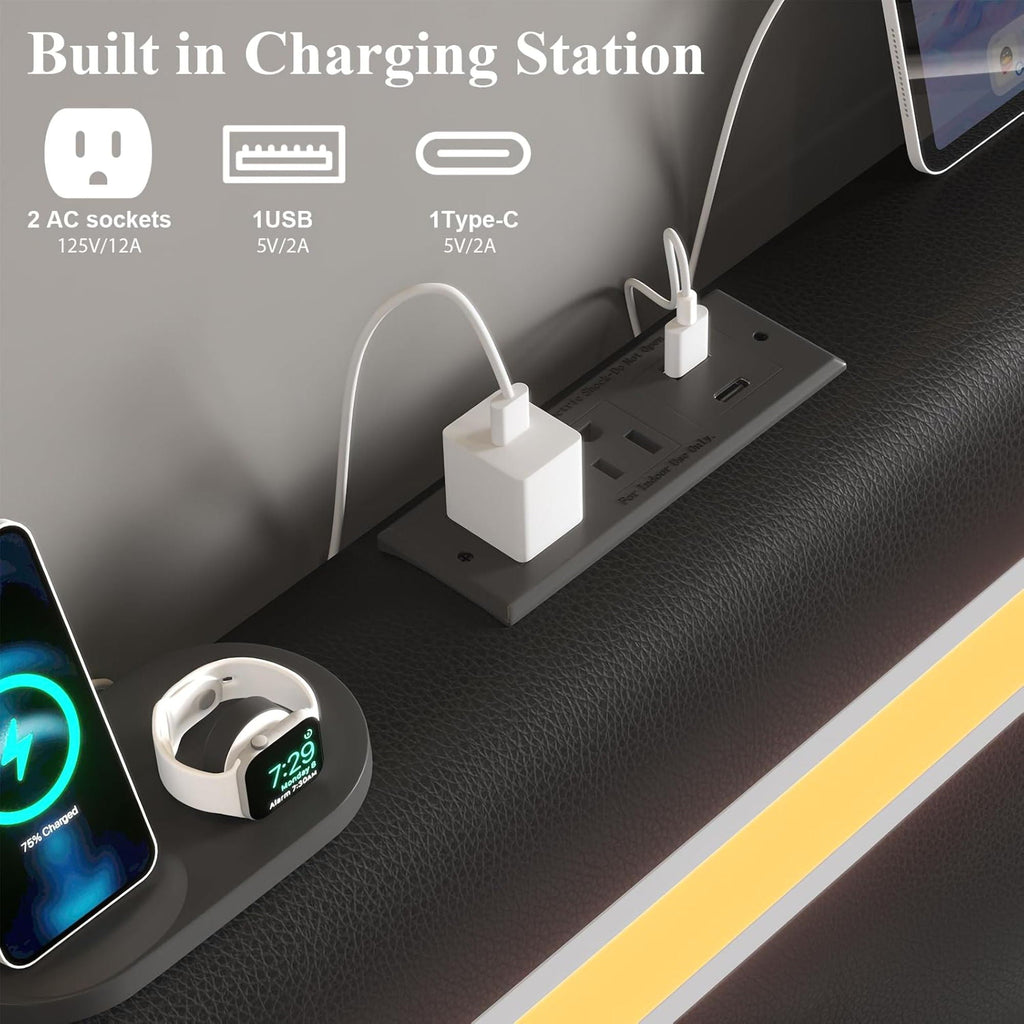 Wingback Upholstered Bed Frame with LED Lights and Charging Station - Black or White