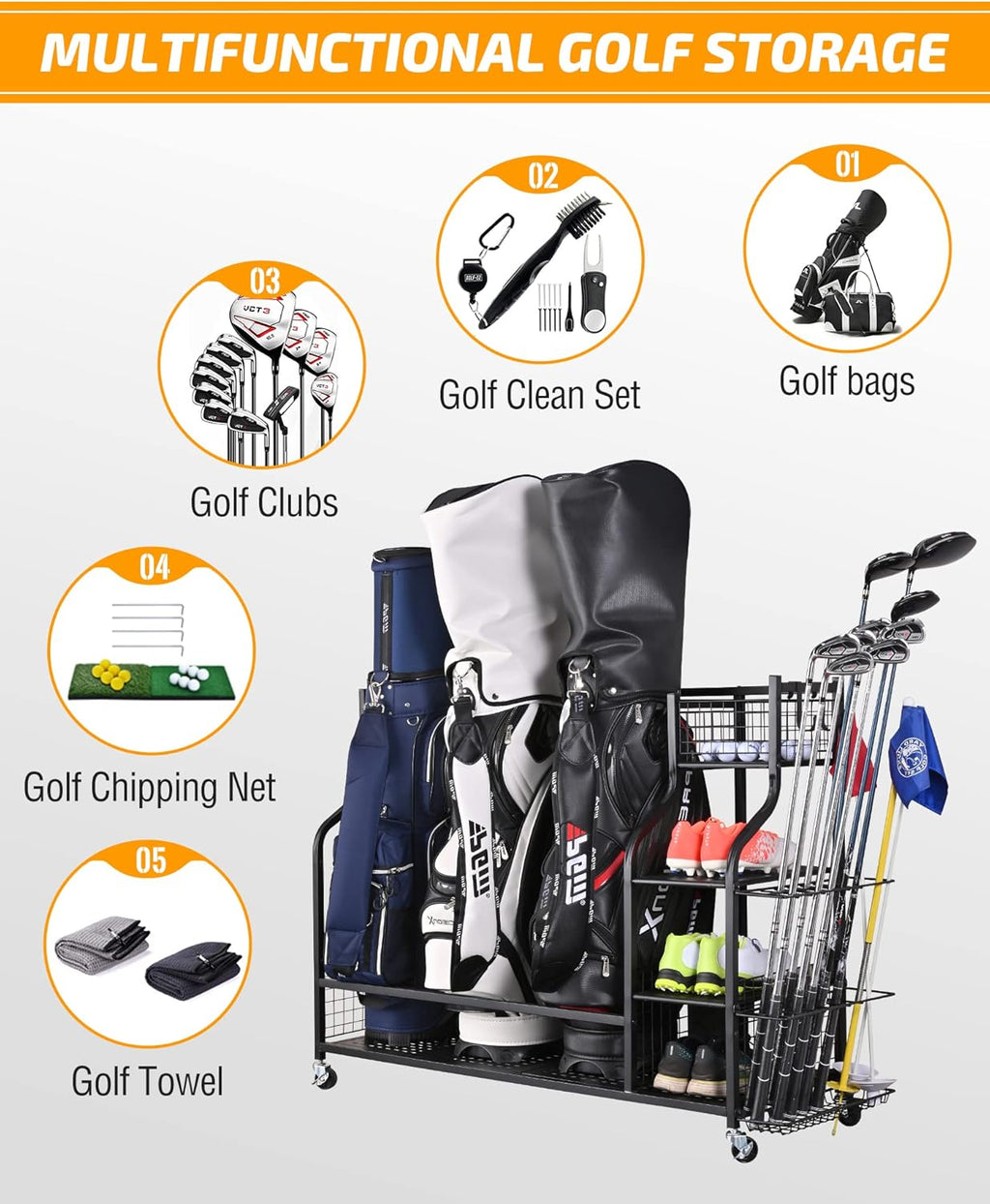 Extra Large Golf Bag Organizer with Wheels and Shelves - Steel