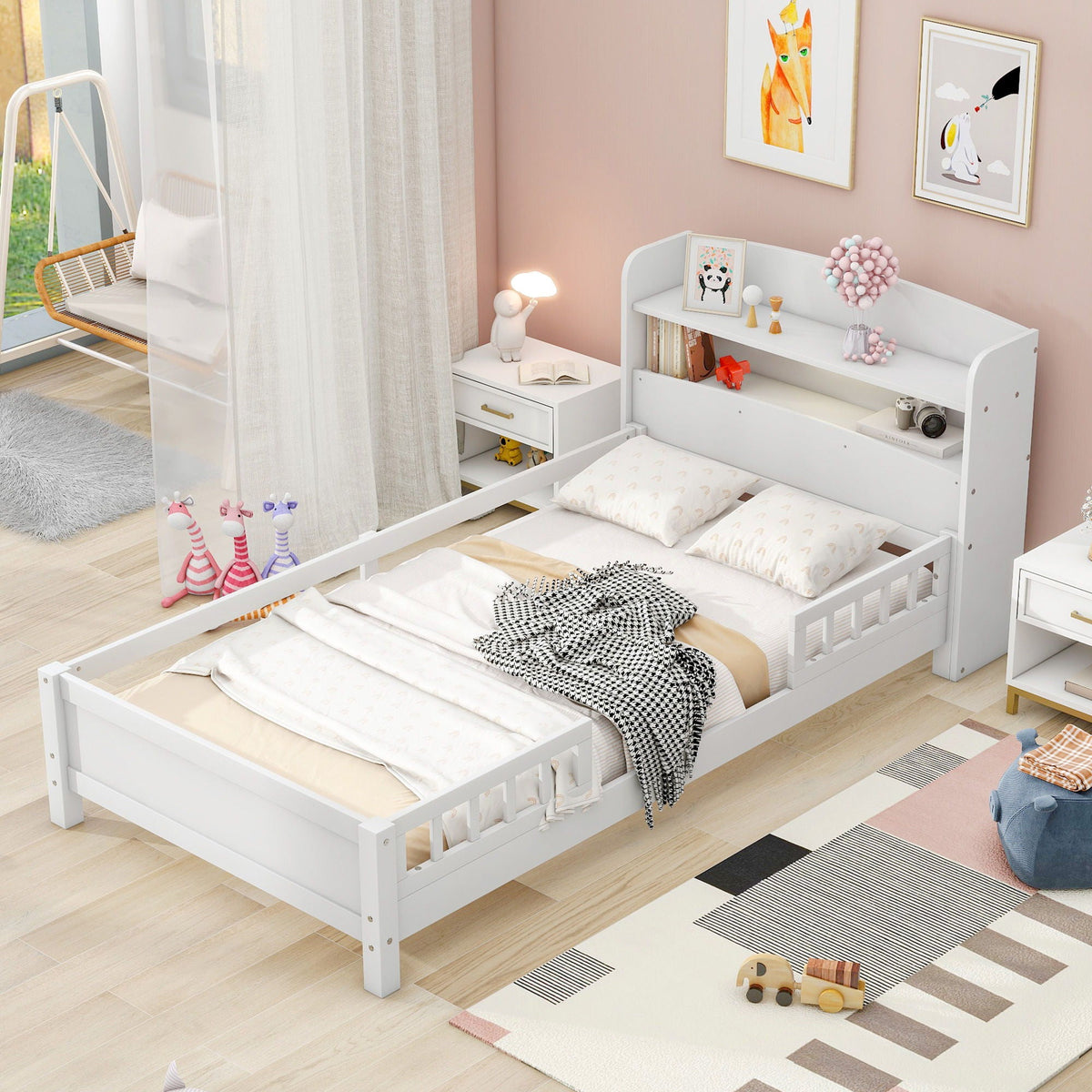 Wood Platform Storage Bed with LED Light & Storage Headboard - White or Dark Gray