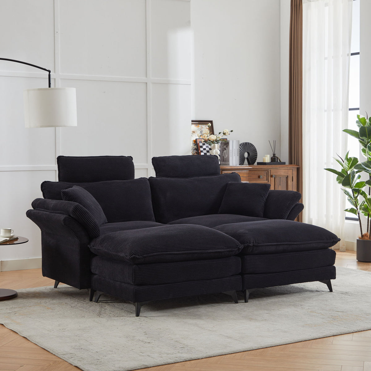 Modern Deep Seat Sectional Sofa with Ottoman - Corduroy - Black or Beige