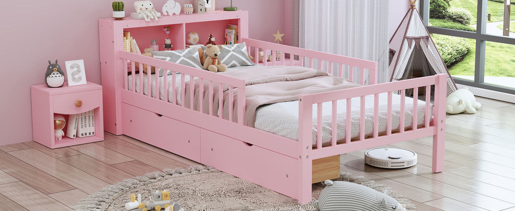Twin Storage Bed with Headboard Rack & Under-Bed Drawers - Multiple Colors