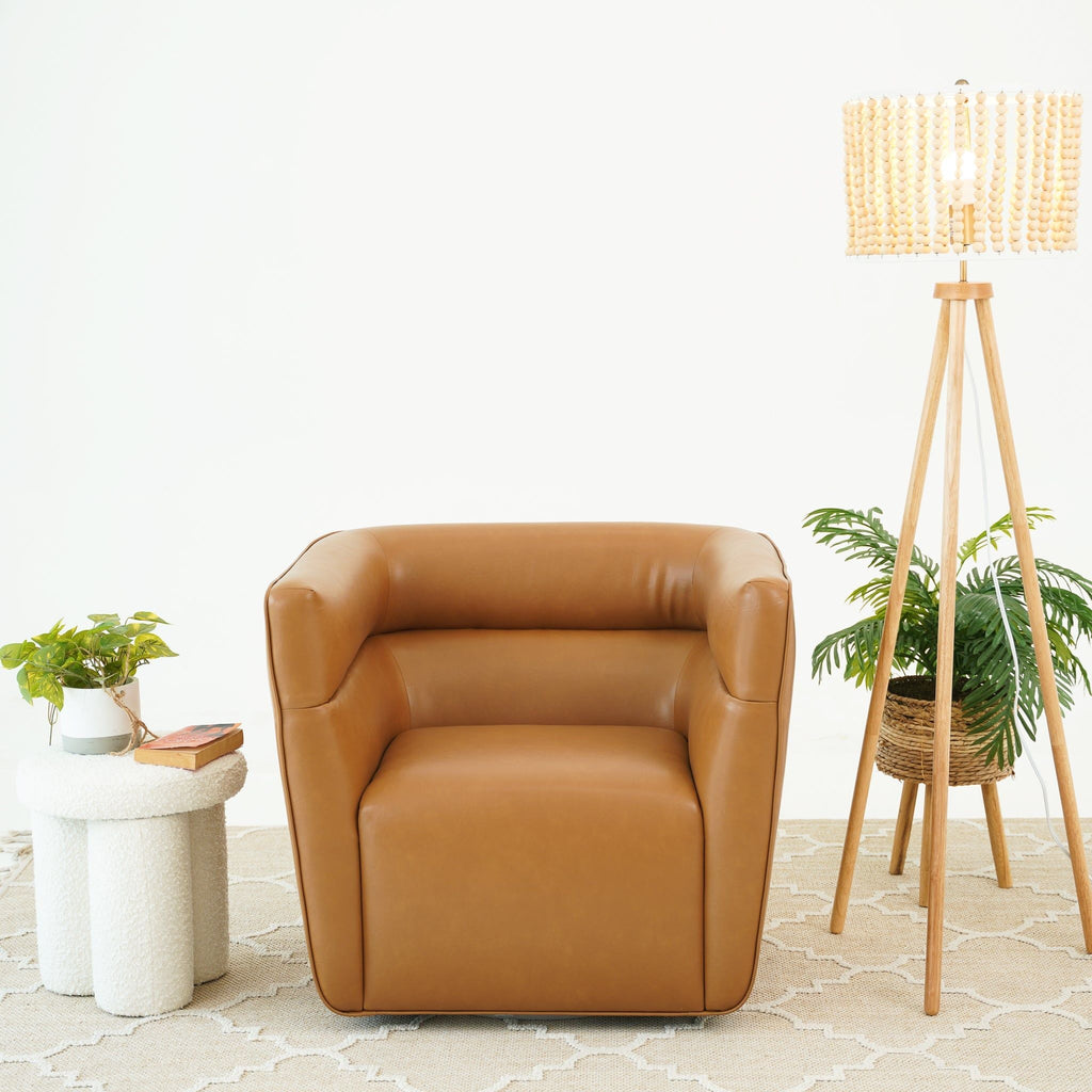 Tan Genuine Leather Swivel Chair with Adjustable Headrest