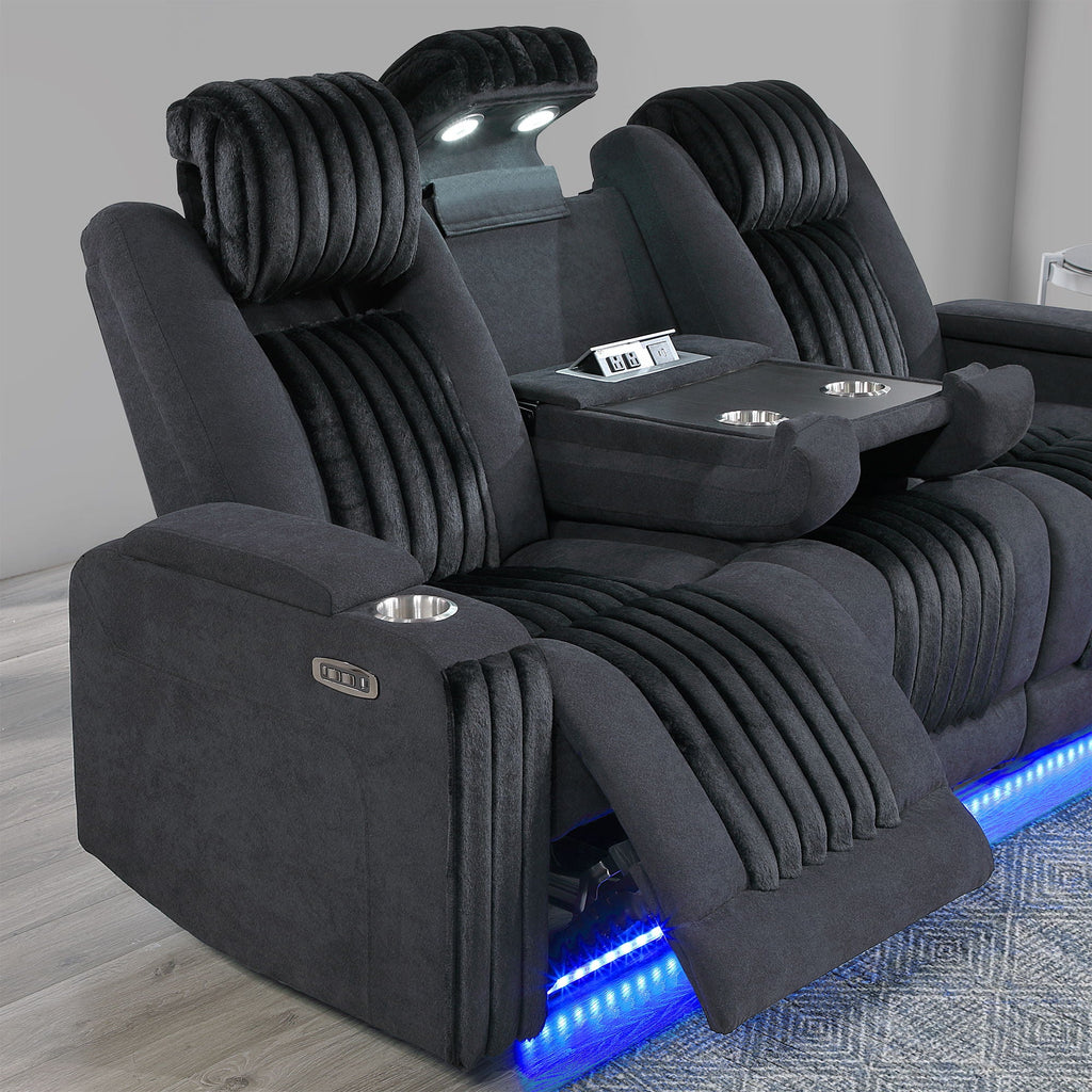 Power Reclining Sofa with Power Headrest and Drop Down Table - Black, Dark Brown, or Dark Gray