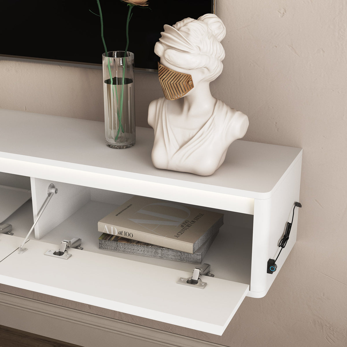 Floating TV Stand with LED Lights & Power Outlet - White or Black