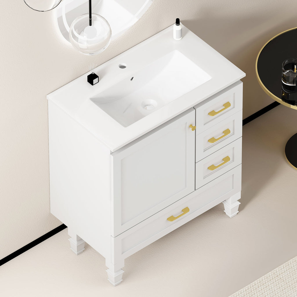 30" White Bathroom Vanity with Soft Close Doors and Ample Storage - White