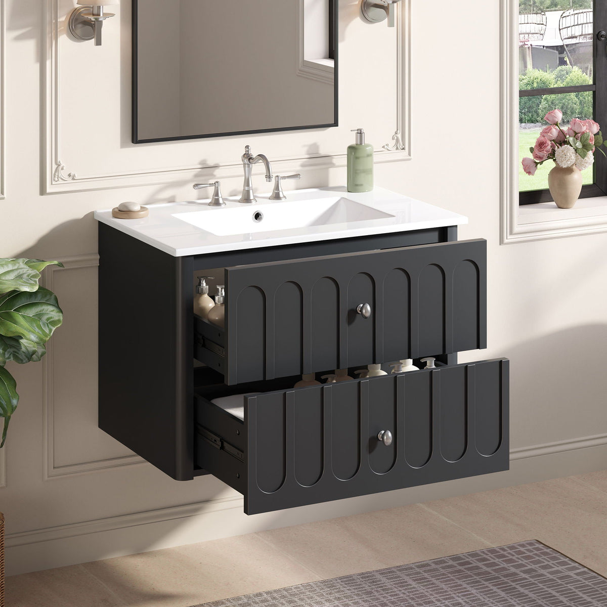 Floating Bathroom Vanity with Soft Close Drawer Slides – White or Black