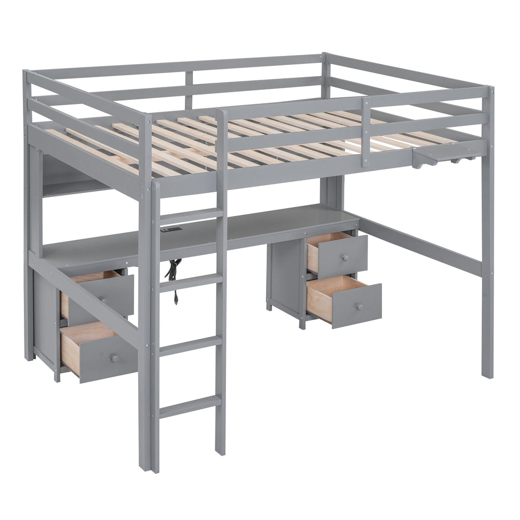 Loft Bed with Desk, Cabinets, Drawers and Charging Station - Full Size