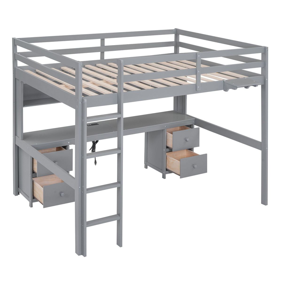 Loft Bed with Desk, Cabinets, Drawers and Charging Station - Full Size