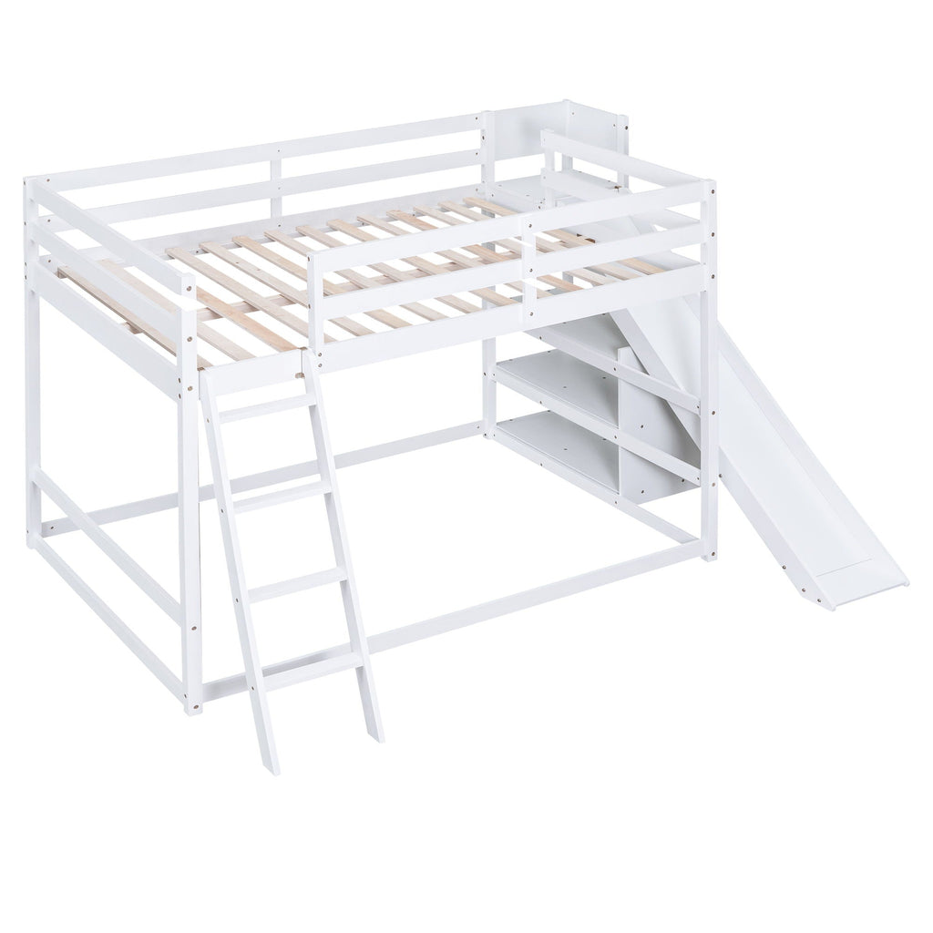 Bunk Bed With Ladder, Slide, and Shelves - Pine Wood, Full Over Full