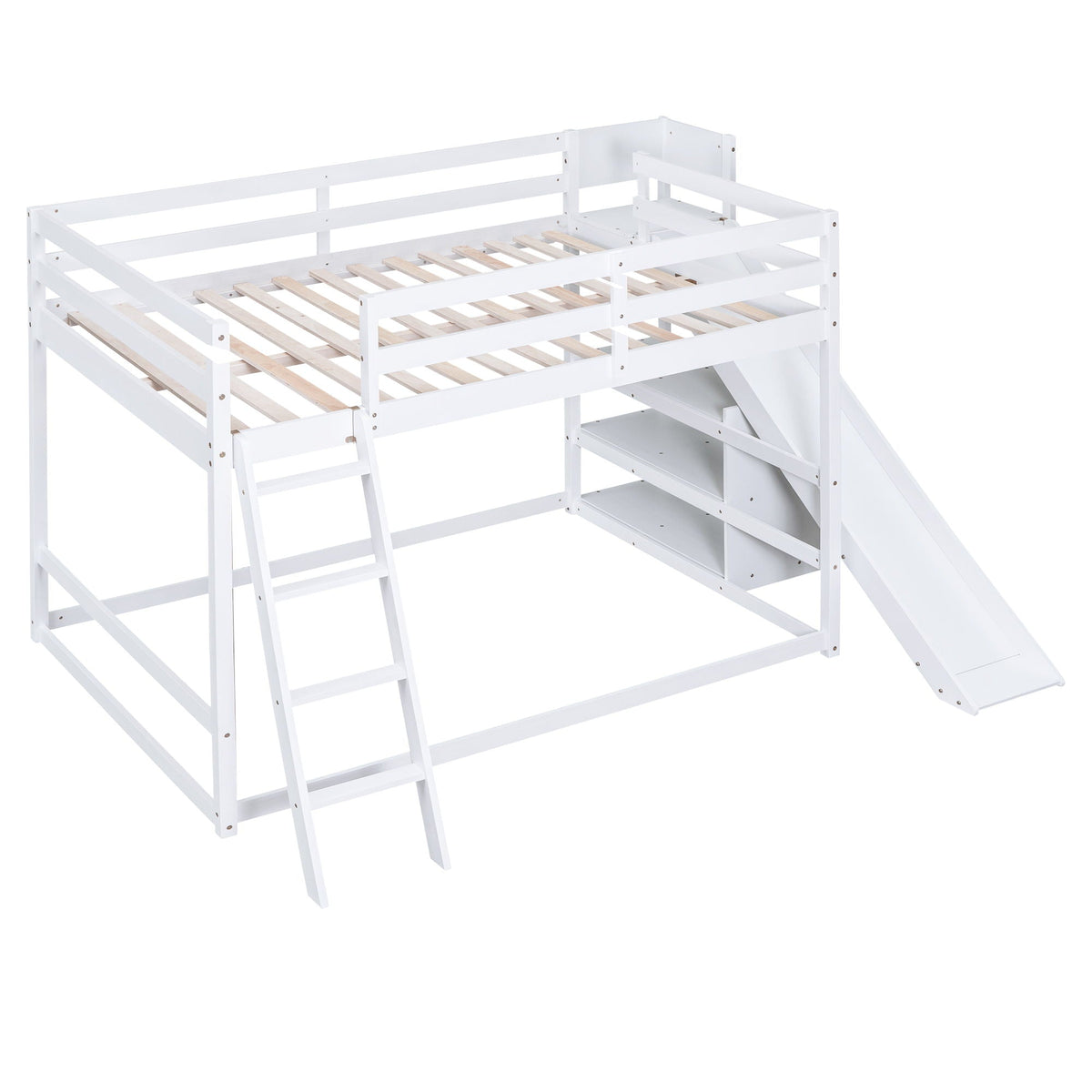 Bunk Bed With Ladder, Slide, and Shelves - Pine Wood, Full Over Full