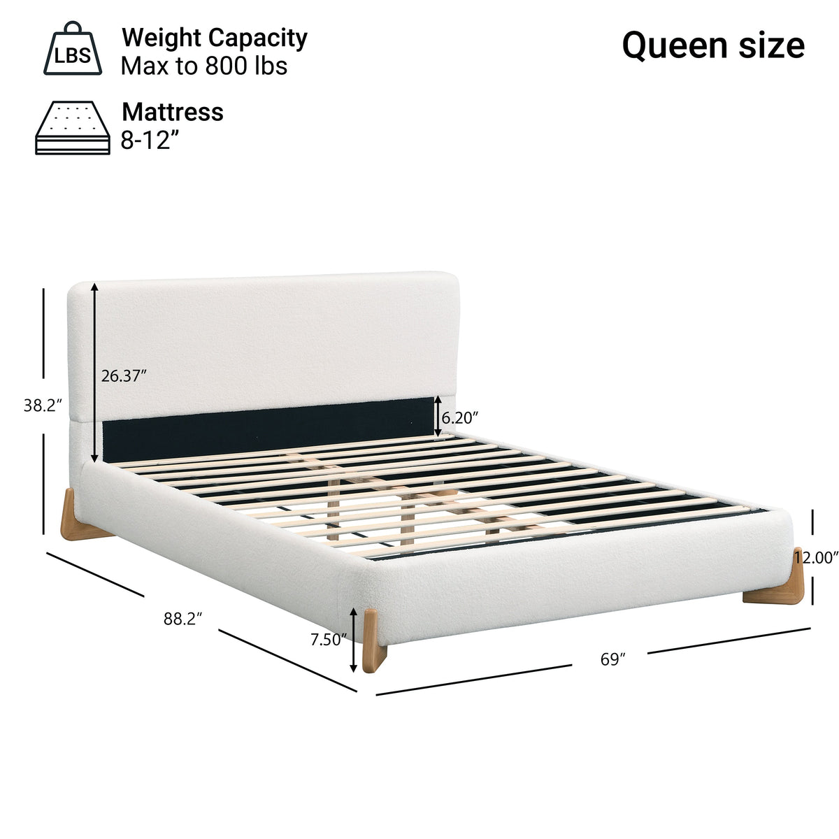 Elegant Boucle Upholstered Bed with Solid Wood Support - White