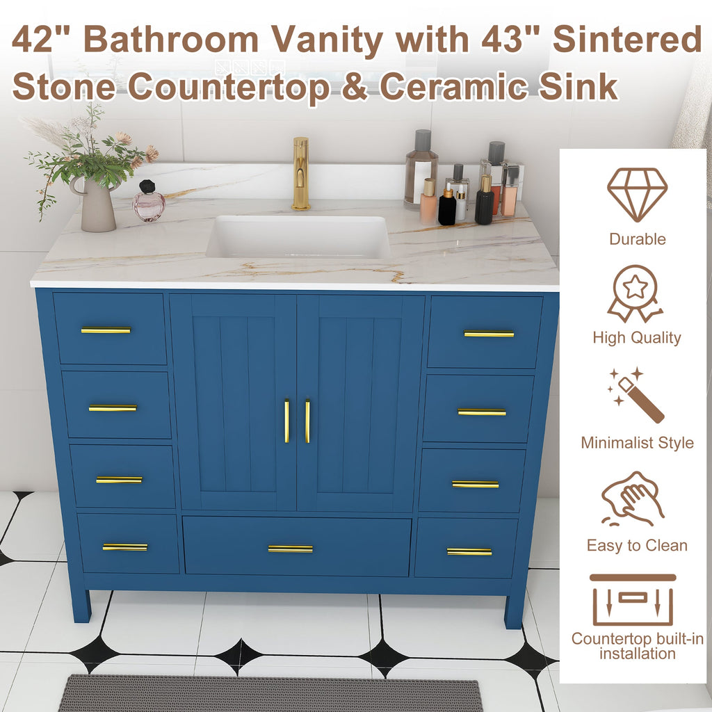 42" Modern Solid Wood Bathroom Vanity with Carrara Sink - Blue or White