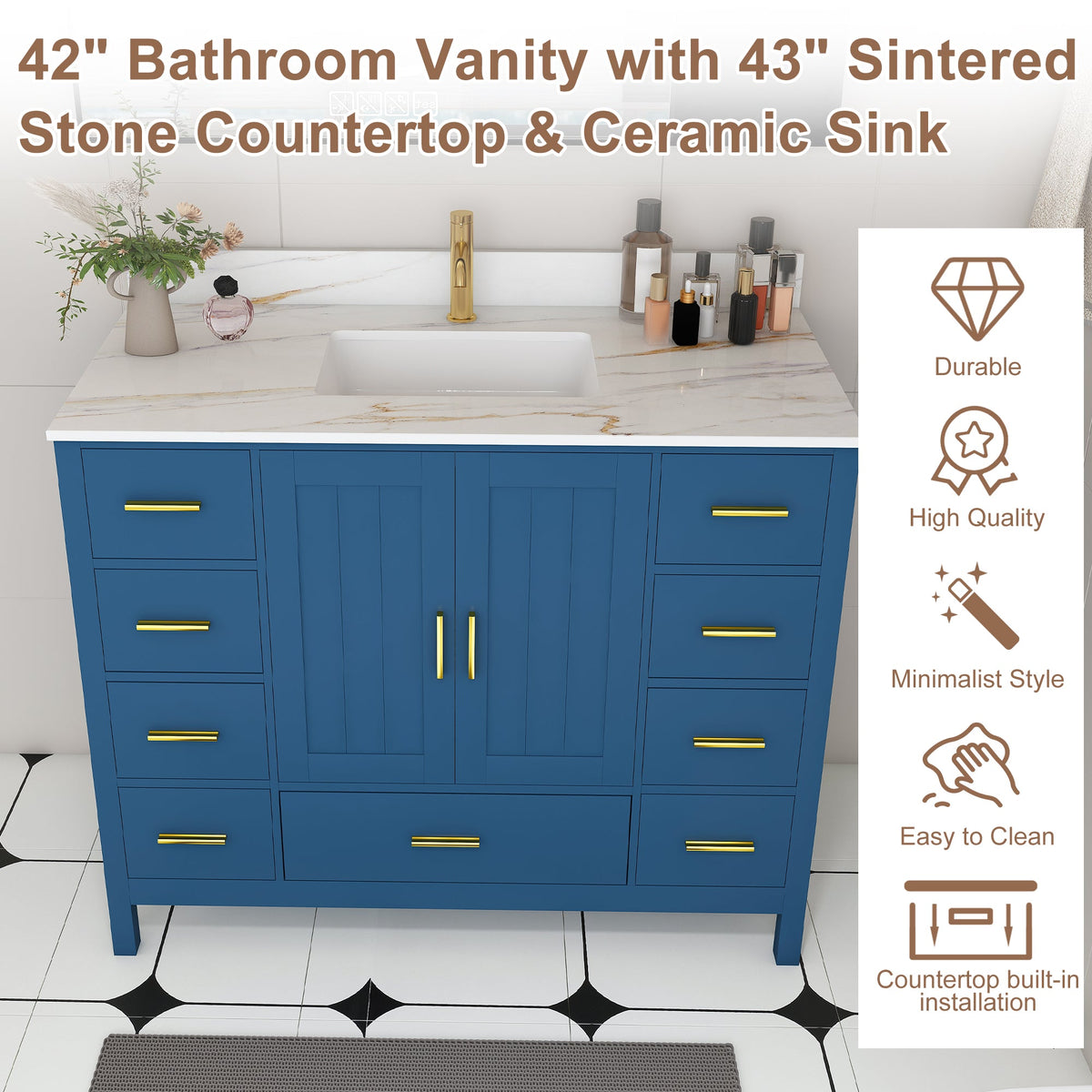 42" Modern Solid Wood Bathroom Vanity with Carrara Sink - Blue or White
